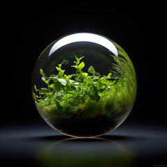 A hyper-realistic sphere depicting the Earth. In the sphere, there is soil from which light green sprouts are breaking out.