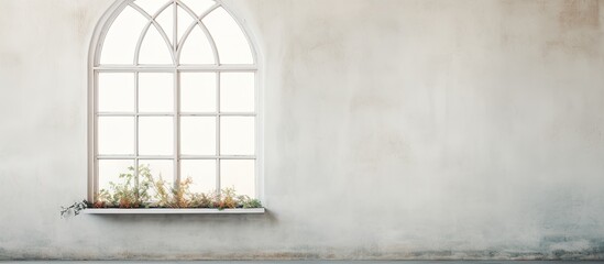 Fototapeta premium The white wall displays an antique window with a vintage charm