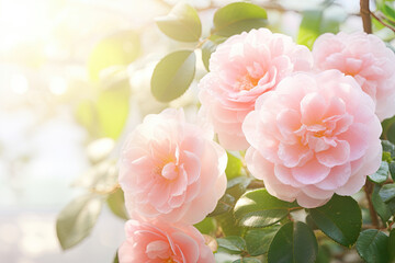 Rose camellia flowers card print  - obrazy, fototapety, plakaty