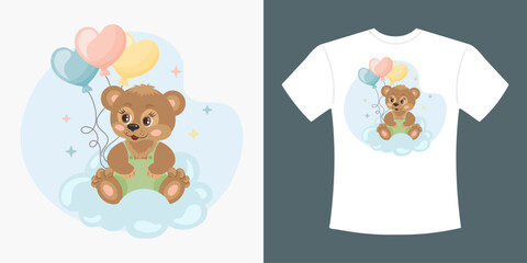Children's T-shirt design with cute cartoon bear and balloons. Drawing of a cartoon bear on a T-shirt. Print for clothes. Illustration, vector