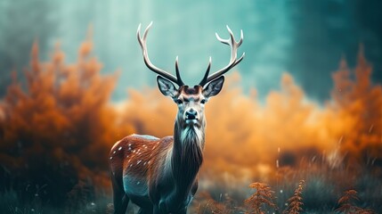  a digital painting of a deer standing in a field of tall grass with trees in the background and a blue sky in the background.  generative ai