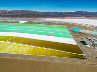 Aerial view of lithium fields / evaporation ponds in the highlands of northern Argentina, South...