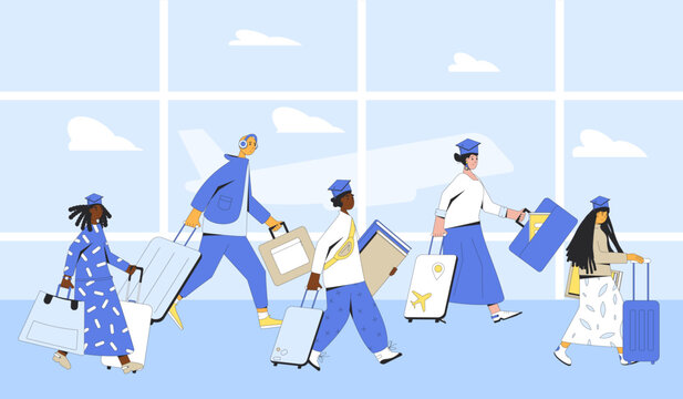 Graduate immigration route. Colorful set of isolated people with