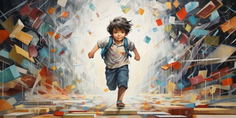 Curious and happy kid runs through books. Education school concept - obrazy, fototapety, plakaty