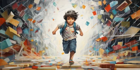 Foto op Plexiglas Curious and happy kid runs through books. Education school concept © RMedia