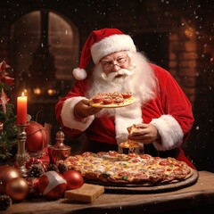 Santa Claus eating a giant pizza on Christmas Eve. Savory and sweet pizza