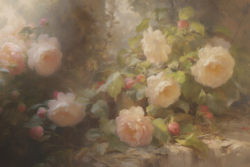 Oil painted rose camellia flowers, vintage style print