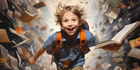 Curious and happy kid runs through books. Education school concept - obrazy, fototapety, plakaty