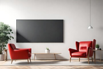 Mockup a TV wall mounted with red armchair in living room 