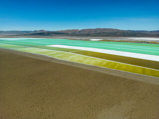 Aerial view of lithium fields / evaporation ponds in the highlands of northern Argentina, South...