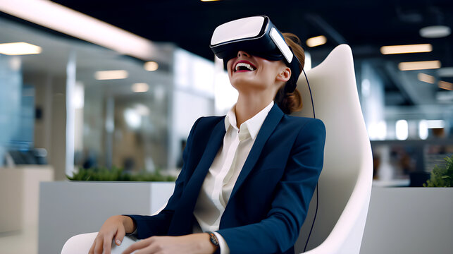 A Smiling Woman In A Suit Uses A Virtual Reality Headset, Sitting In A Modern Office Space, Enjoying The Experience