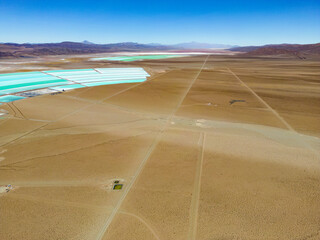 Aerial view of lithium fields / evaporation ponds in the highlands of northern Argentina, South...