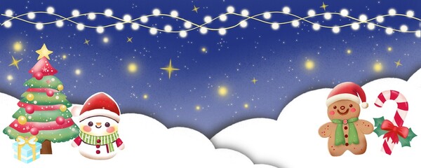 Christmas night winter background with snowman and tree