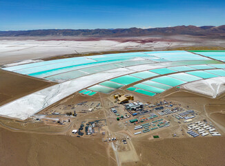 Aerial view of lithium fields / evaporation ponds in the highlands of northern Argentina, South...