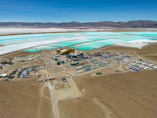 Aerial view of lithium fields / evaporation ponds in the highlands of northern Argentina, South...
