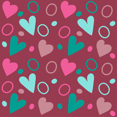 Abstract colorful pattern with hearts and dots on red background for gift box, package, wallpaper, bed linen, clothing, postcard. Multicolored vector illustration for birthday, Christmas. Style doodle