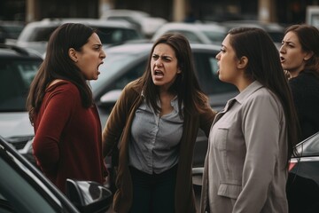 Three women arguing in the parking lot - obrazy, fototapety, plakaty