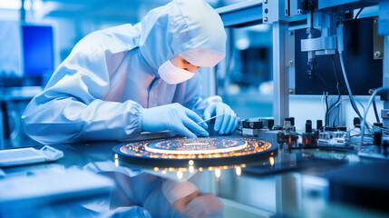 semiconductor worker performing inspection of silicon wafers - obrazy, fototapety, plakaty