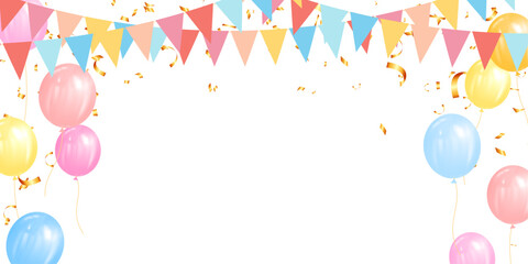 festive vector banner with pastel balloons and flags for cards, social media, holiday, kids, anniversary