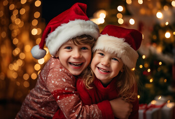 Two children, boy and girl, celebrating Christmas Eve with hugs and gifts. Background illuminated with flashing lights. Smiling children in Santa Claus hat