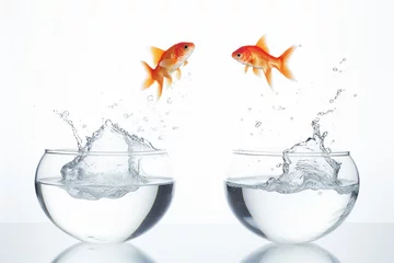 Fotobehang two goldfish jumping from one glass bowl to another © Stefano