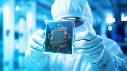 semiconductor worker in silicon chip manufacturing - obrazy, fototapety, plakaty