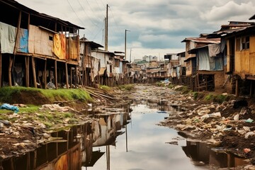 Contaminated water courses through Kibera slum in Africa. Generative AI