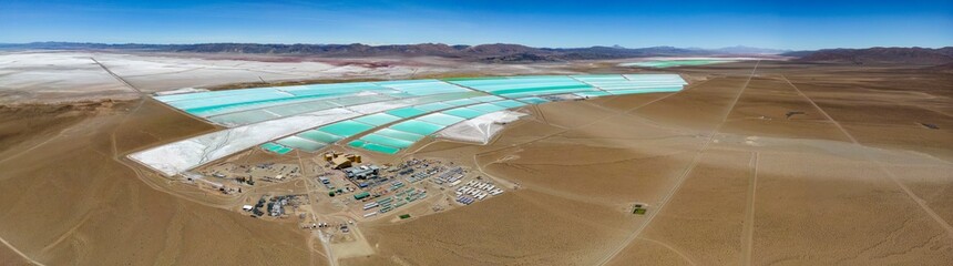 Panorama view of lithium fields / evaporation ponds in the highlands of northern Argentina, South...
