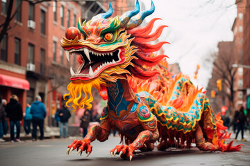 Obraz premium Typical Chinese dragon in the street. Worn by dancers in Chinese New Year celebration