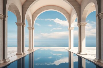 Obraz na płótnie Canvas An idyllic scene of the North Sea with tranquil water, sharp symmetrical arches, and a soft sky. Generative AI