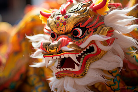 Typical Chinese dragon in the street. Worn by dancers in Chinese New Year celebration
