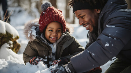 African American Black Family playing in snow at winter Christmas holiday season all smiles and love with daughter father child and parent, close up in winter clothes cold building snow man