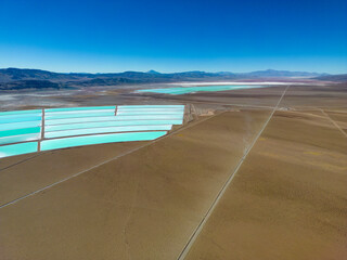 Aerial view of lithium fields / evaporation ponds in the highlands of northern Argentina, South America - a surreal, colorful landscape where batteries are born