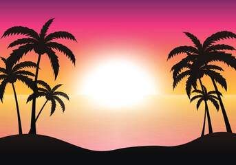 Beach sunset landscape background. Vector illustration.