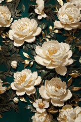 seamless pattern with peony, gold, white, wallpaper, background