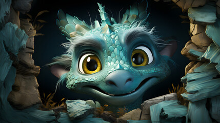 A green dragon playfully peeking out of a hole in a wall