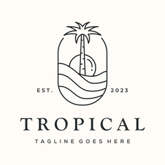 tropical palm tree line art logo vector minimalist illustration design, tropical view coconut tree logo design