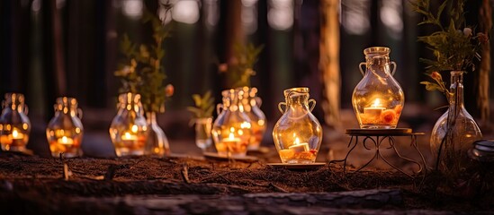 Outdoor wedding glass flask candles forest ambiance