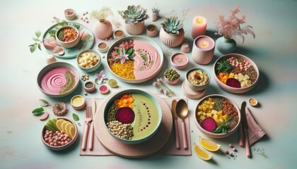 A vibrant and diverse spread of plant-based dishes adorn the porcelain tableware, creating a mouth-watering feast for the senses