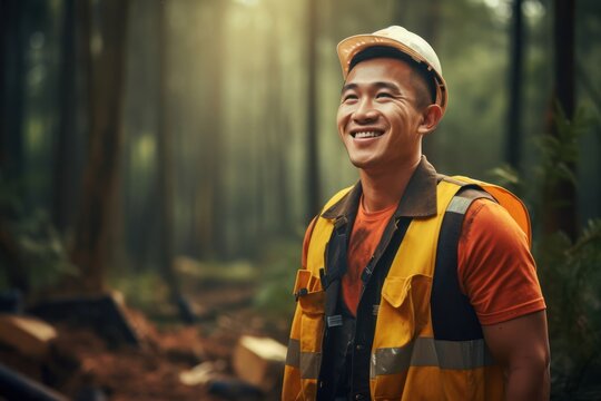 Asian Man Forestry Worker Industry Professional Setting Generative AI