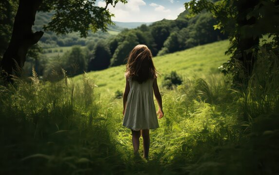 A barefoot little girl standing on lush green grass, connecting with nature in the countryside.