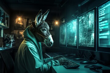 a donkey sitting in front of computer screens and working on codes or cyber security tasks. Generative AI - obrazy, fototapety, plakaty