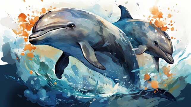  two dolphins jumping out of the water with splashes of paint on the water and splashing on the water.  generative ai