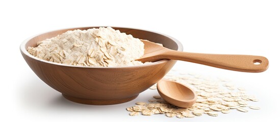 Bowl contains oats and a wooden spoon on a background of white