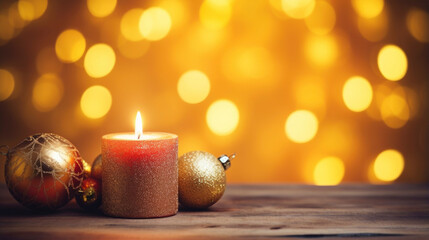 Burning Christmas candle decorations on the table with bokeh light background