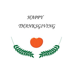 pumpkin, green branches, happy thanksgiving, on a white background