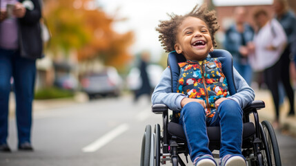 Little girl sitting in a wheelchair smiling and laughing. - obrazy, fototapety, plakaty