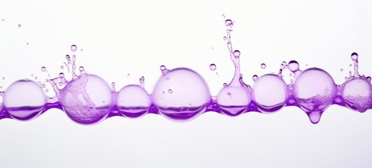 Abstract purple colored water drops bubbles splashes, colorful liquid fluid, long banner, isolated on white background