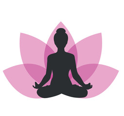 Silhouette of a woman sitting in lotus position on lotus flower background. Girl doing yoga and meditating. Meditation and healthy lifestyle. Vector illustration - obrazy, fototapety, plakaty