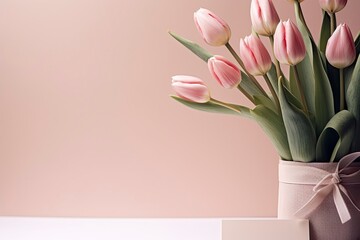 tulips in a vase with blank space for product mockup and text presentation
